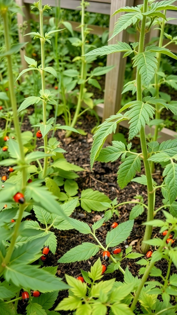 A close-up view of a kitchen garden with green plants and ladybugs.