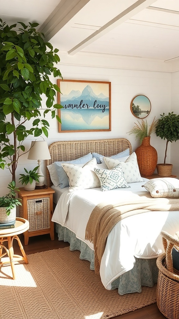 A cozy summer bedroom featuring a large plant, woven headboard, and nature-inspired decor.
