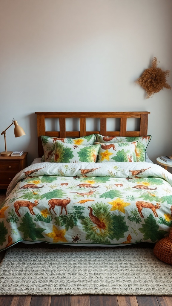 A cozy bed with outdoor-inspired bedding featuring animal and leaf patterns, complemented by wooden furniture.