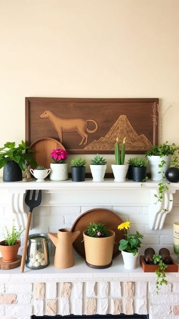 A summer-inspired mantel decor featuring plants, wooden art, and gardening tools.
