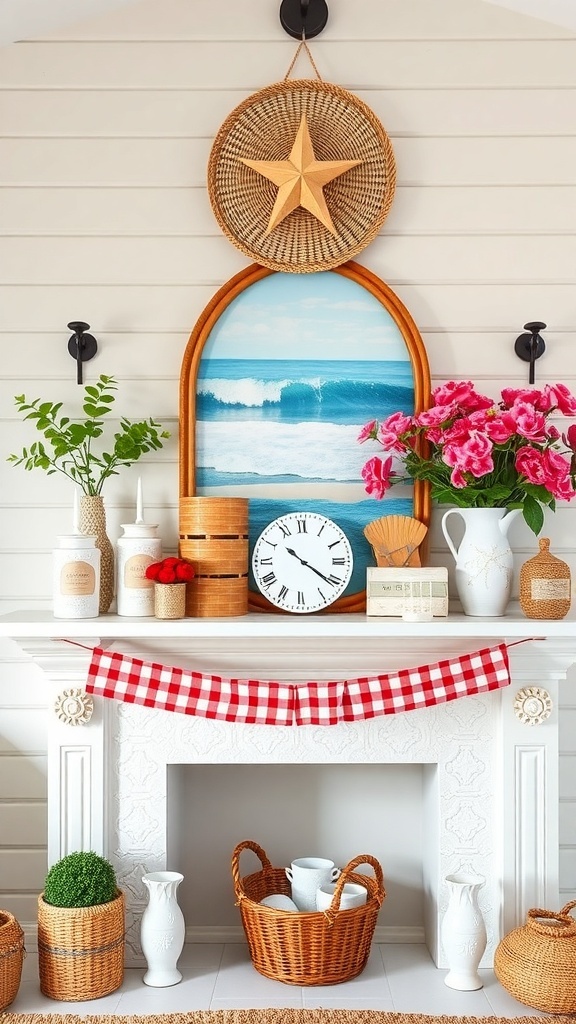 A summer-themed mantel decor featuring ocean waves painting, flowers, and woven baskets.