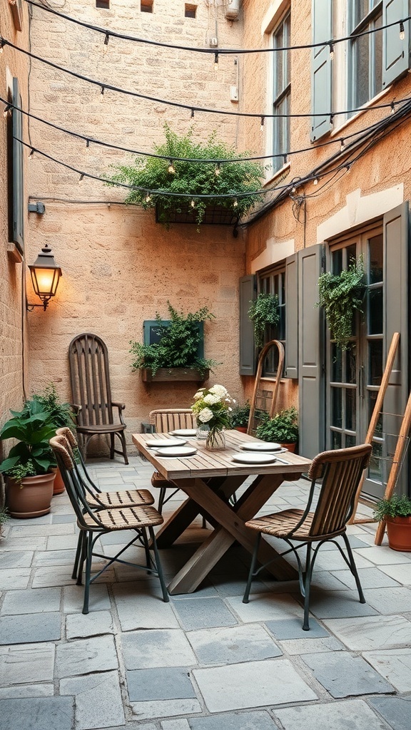 A small courtyard with a wooden dining table, chairs, and potted plants, illuminated by string lights.