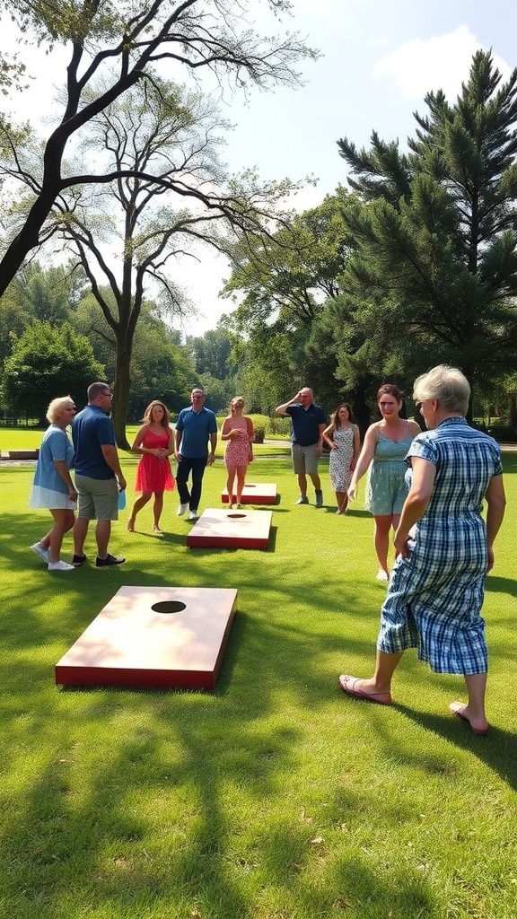 A group of people playing cornhole at a summer outdoor gathering.