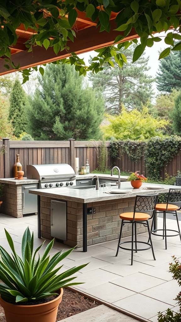 Stylish outdoor kitchen island with a grill and seating surrounded by greenery.