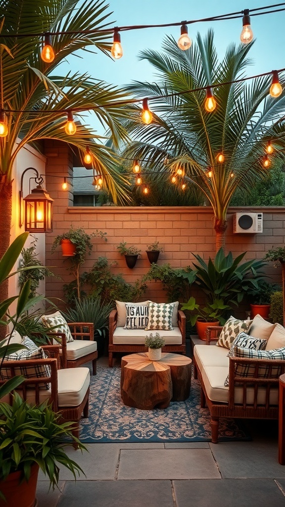 Cozy outdoor lounge area with string lights, comfortable seating, and lush greenery.