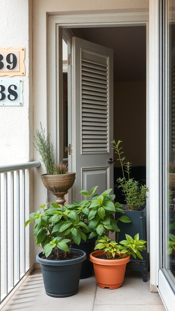 A small balcony with various pots of herbs, including basil and rosemary, creating a mini herb garden.