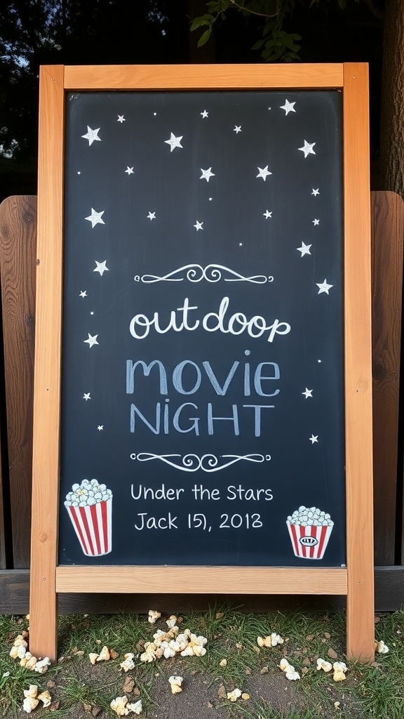 Chalkboard sign for outdoor movie night with popcorn illustrations and stars