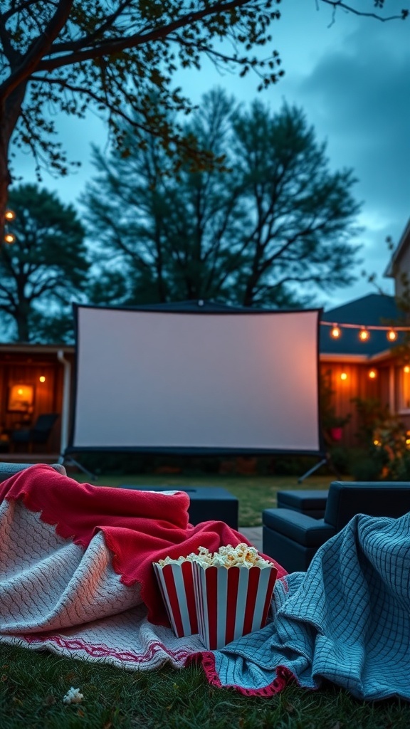 Cozy outdoor movie night setup with blankets and popcorn