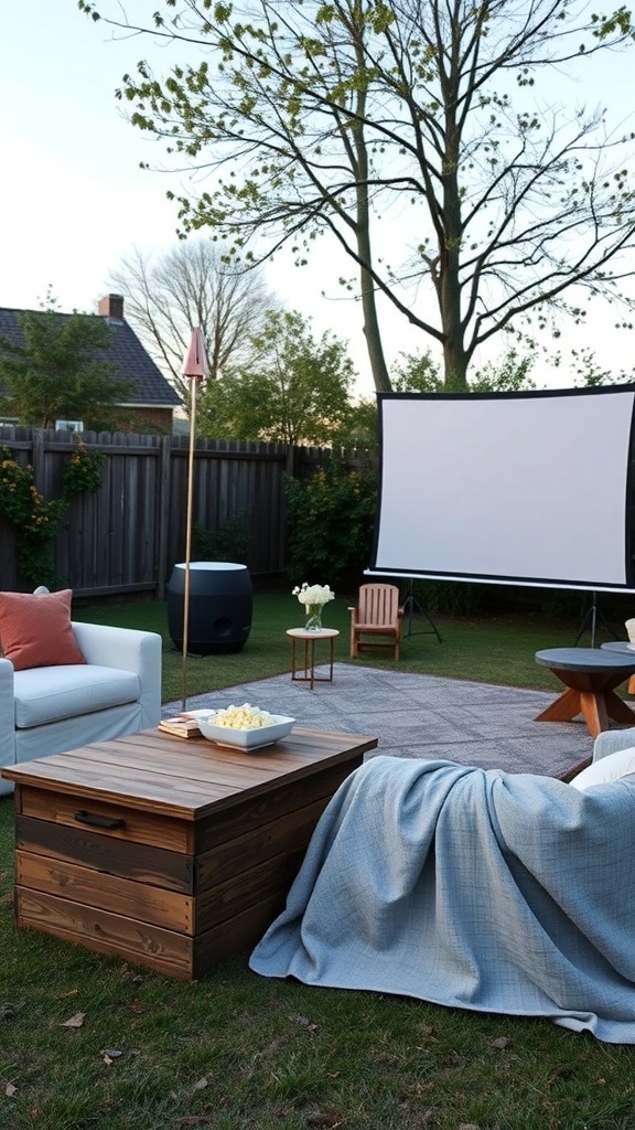 Cozy outdoor movie night setup with a screen, seating, and popcorn.