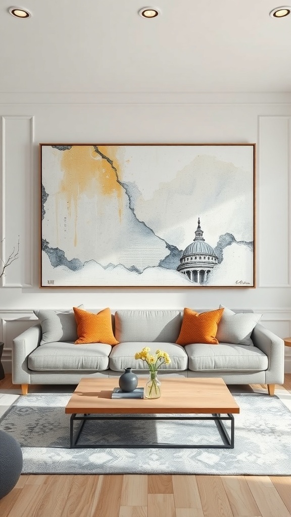 A modern living room with oversized wall art above a gray couch, featuring orange accent pillows and a wooden coffee table.