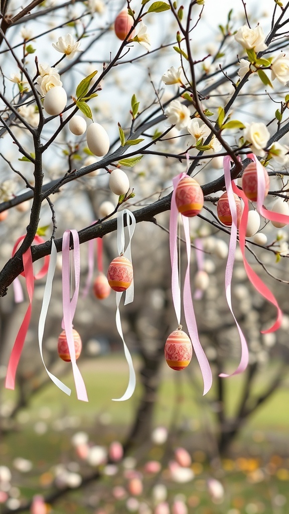 A tree decorated with painted eggs and ribbons, creating a festive Easter atmosphere.