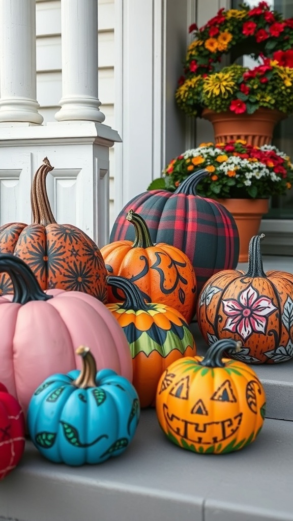 A collection of painted pumpkins in various colors and designs, displayed on a porch.