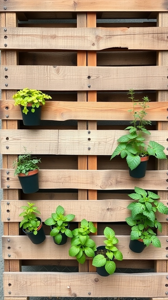 A wooden pallet with various herbs in pots, arranged vertically.