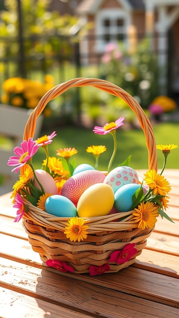 A beautifully crafted Easter basket with colorful eggs and flowers.