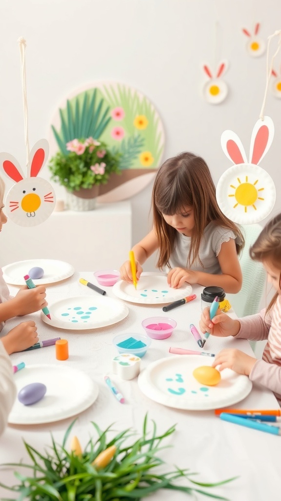 Children crafting paper plate Easter decorations with markers and paints.