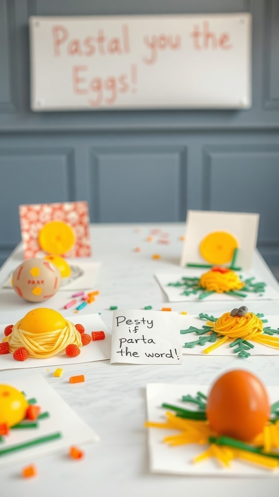 Colorful pasta and egg art for Easter crafts
