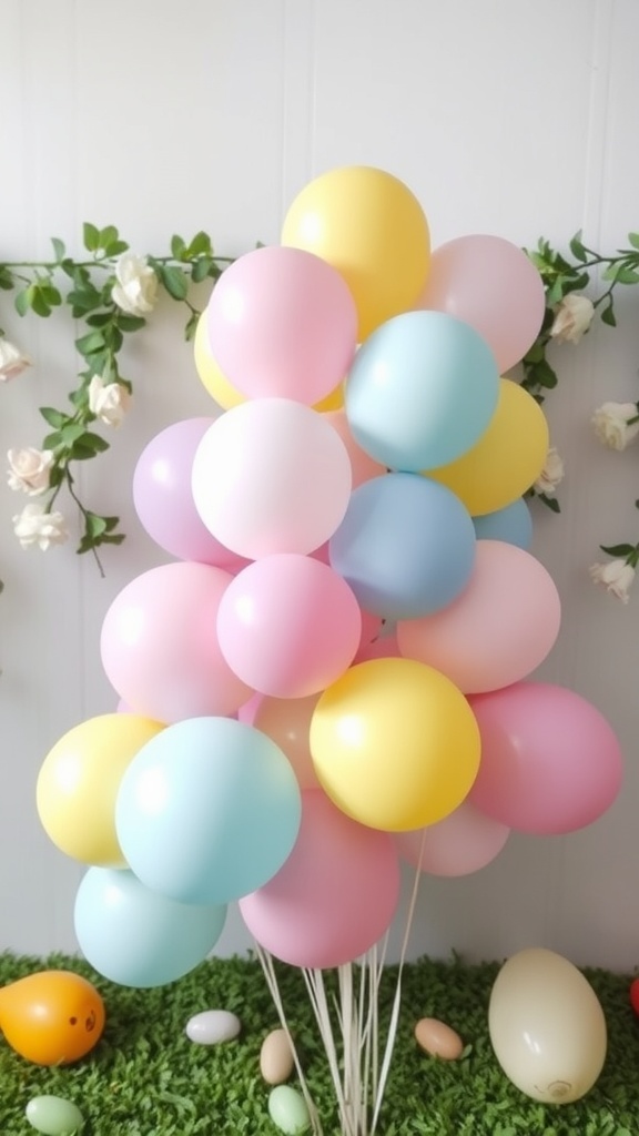 A cheerful arrangement of pastel balloons in pink, blue, and yellow with some Easter eggs in the background.