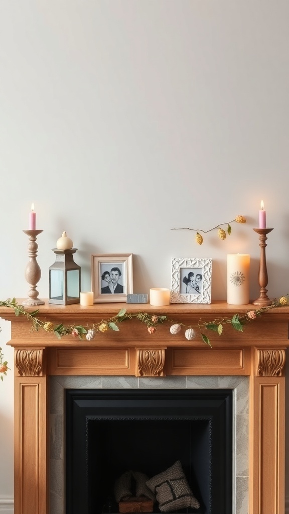 A beautifully decorated mantel with pastel candles, photo frames, and a leafy garland.