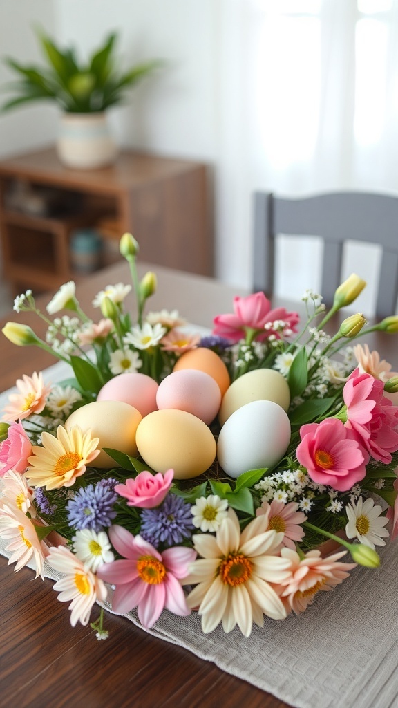 A pastel egg centerpiece featuring soft-colored eggs and vibrant flowers on a table.