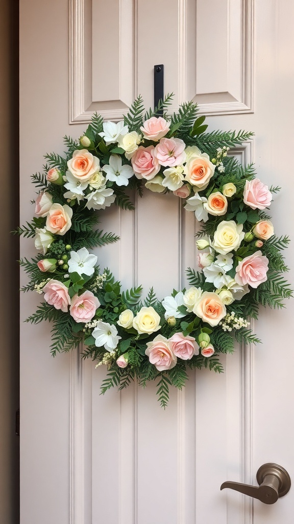 A pastel floral wreath featuring pink, yellow, and white flowers on a front door.