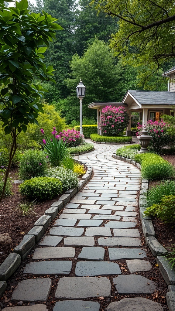 A winding stone pathway surrounded by colorful flowers and greenery in a backyard.