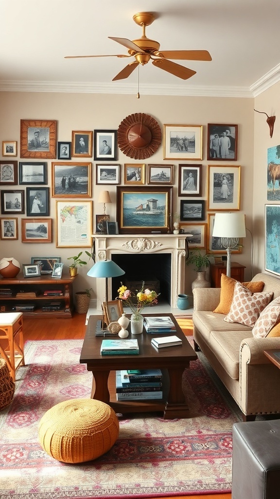 A cozy living room with a gallery wall of framed photos, a stylish ceiling fan, and a warm color palette.