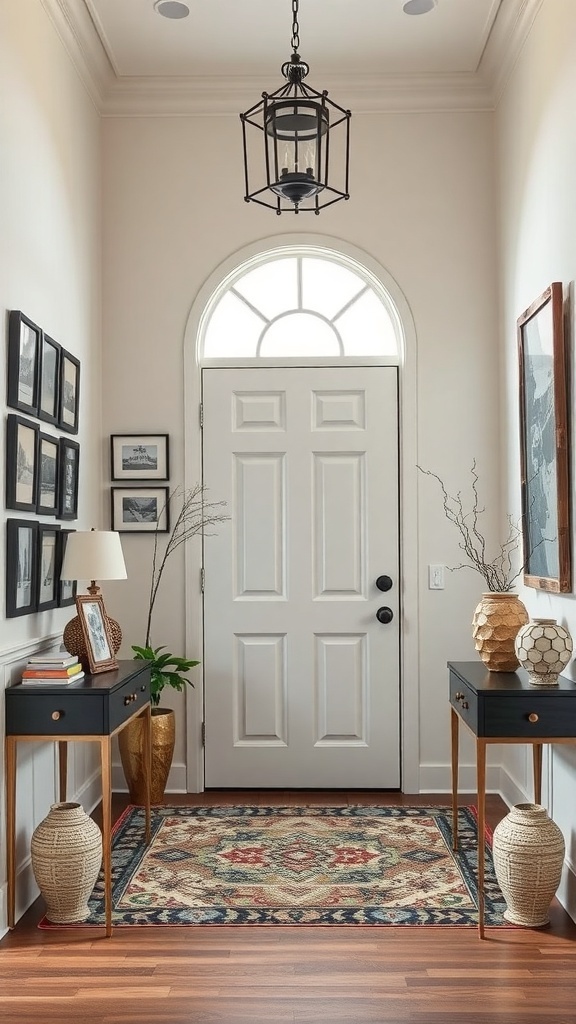 A stylish entry foyer with a light fixture, framed photos, small tables, a patterned rug, and plants.