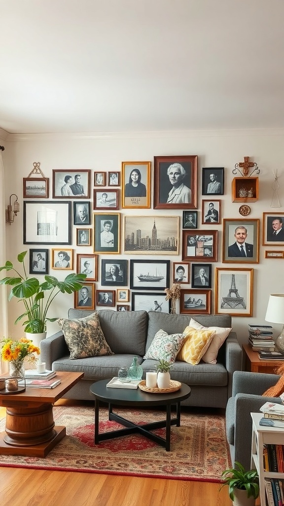 Cozy living room with framed photographs on the wall, a gray couch, and a wooden coffee table.