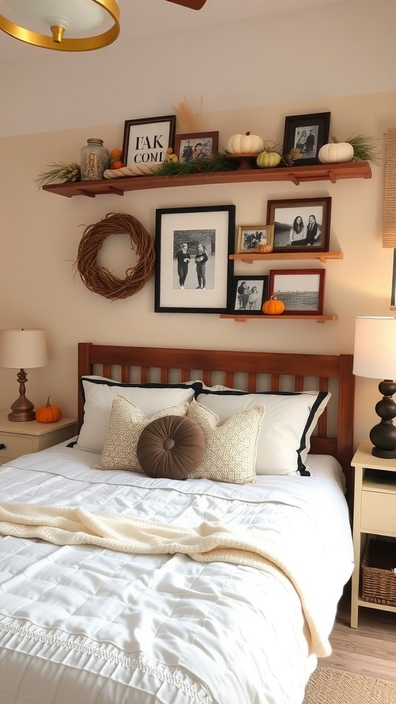 A cozy fall-themed bedroom with decorative pillows, a knit throw, and seasonal accents on a shelf.