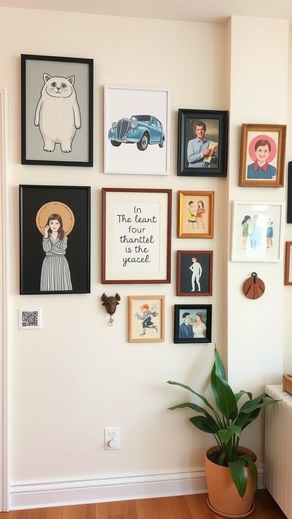 A wall with various framed artworks, including illustrations and a handwritten quote, alongside a green plant in a pot.