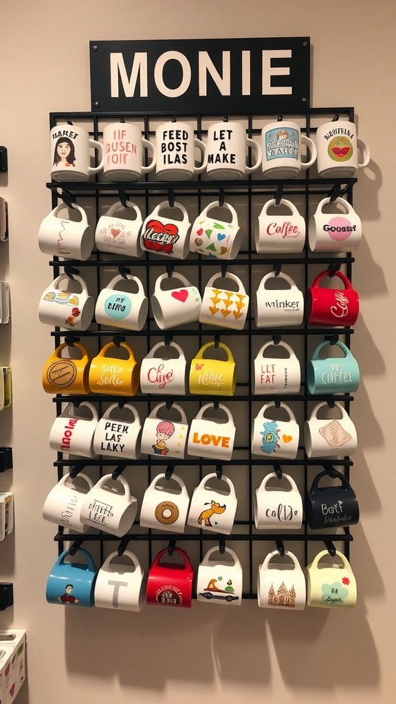 A creative display of various personalized coffee mugs arranged on a rack.