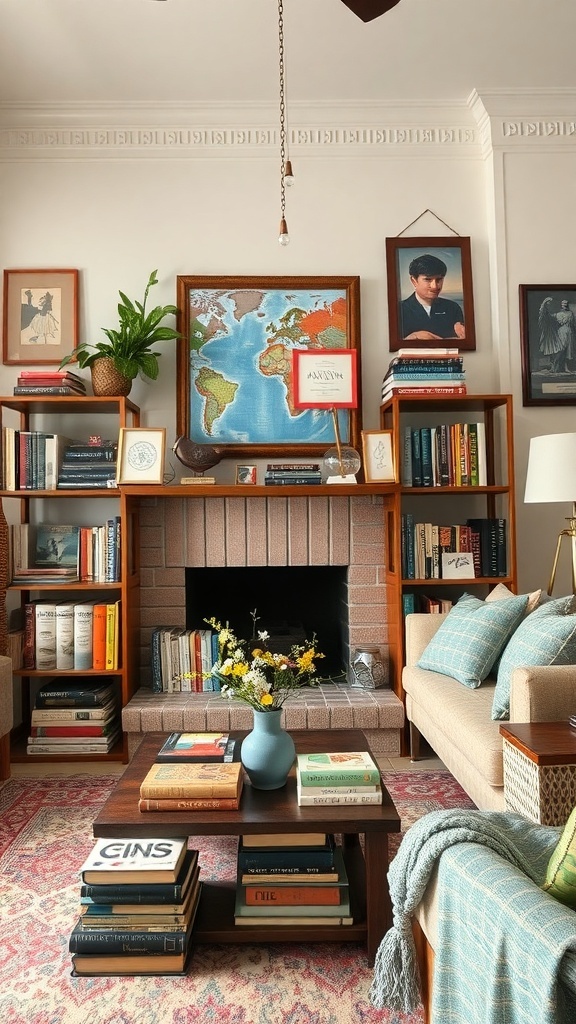 A cozy living room with bookshelves, plants, and personalized decor accents.