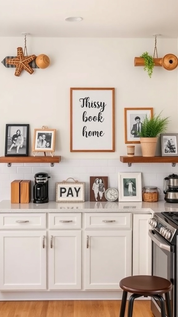 A cozy kitchen corner with personalized decor elements including framed photos, a wall art saying 'This is your book home', and decorative items.