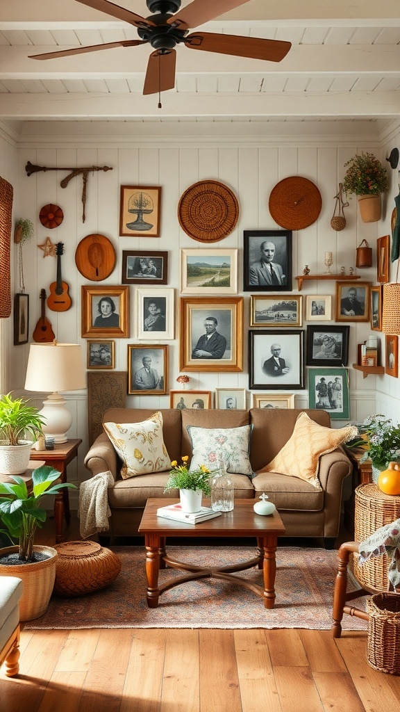 Cozy cottage living room with framed photographs, plants, and rustic decor