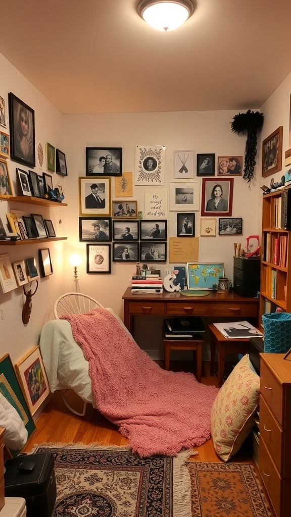 A cozy small bedroom with personalized decor, featuring framed photos on the walls, a small desk, and a comfy chair with a pink blanket.