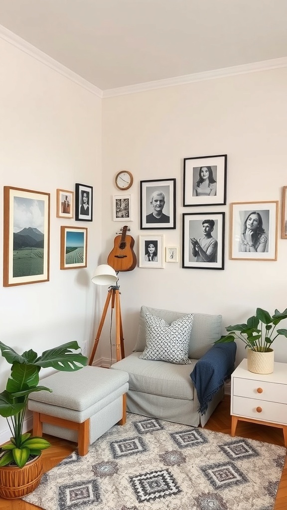 Cozy small apartment interior with framed photos, a guitar, plants, and stylish furniture.