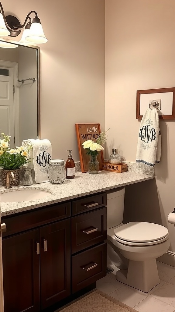 A stylish bathroom counter featuring monogrammed towels, a decorative sign, and fresh flowers.