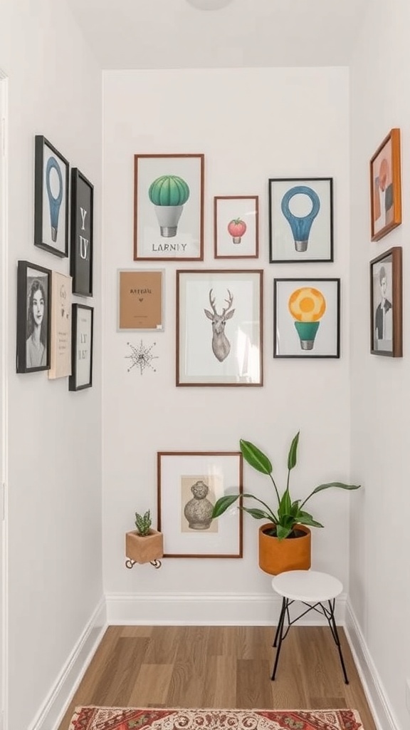 A cozy hallway with framed artwork on the walls and a small plant on a table.