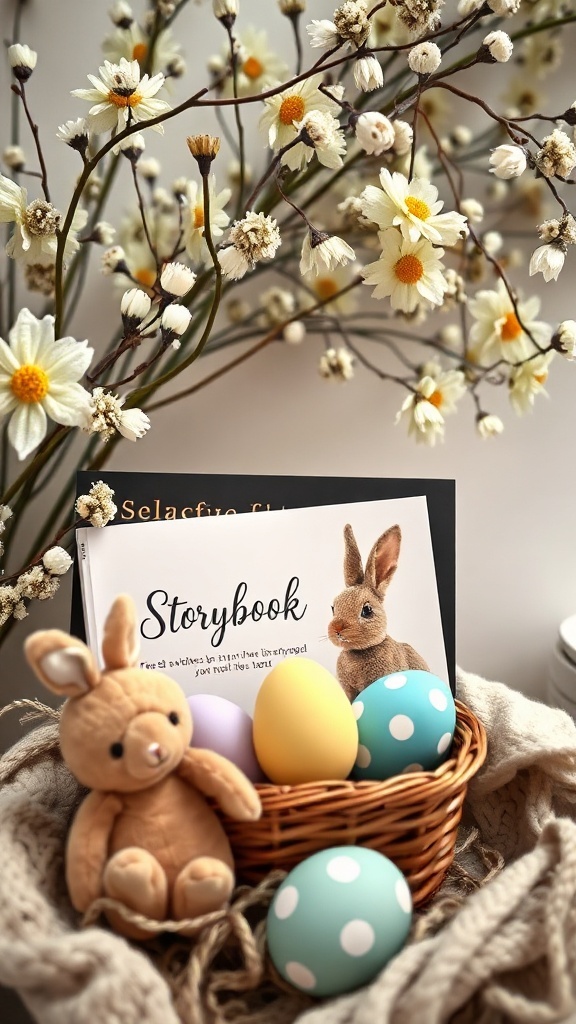 A cozy Easter basket containing a personalized storybook, a soft bunny plush toy, and colorful Easter eggs.