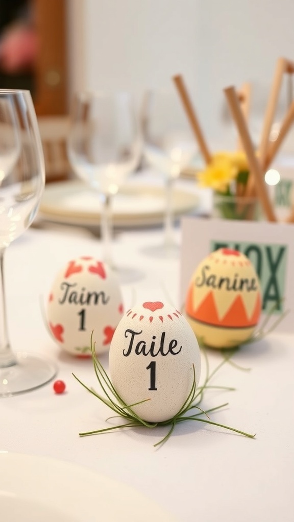 Personalized egg place cards on a festive Easter table