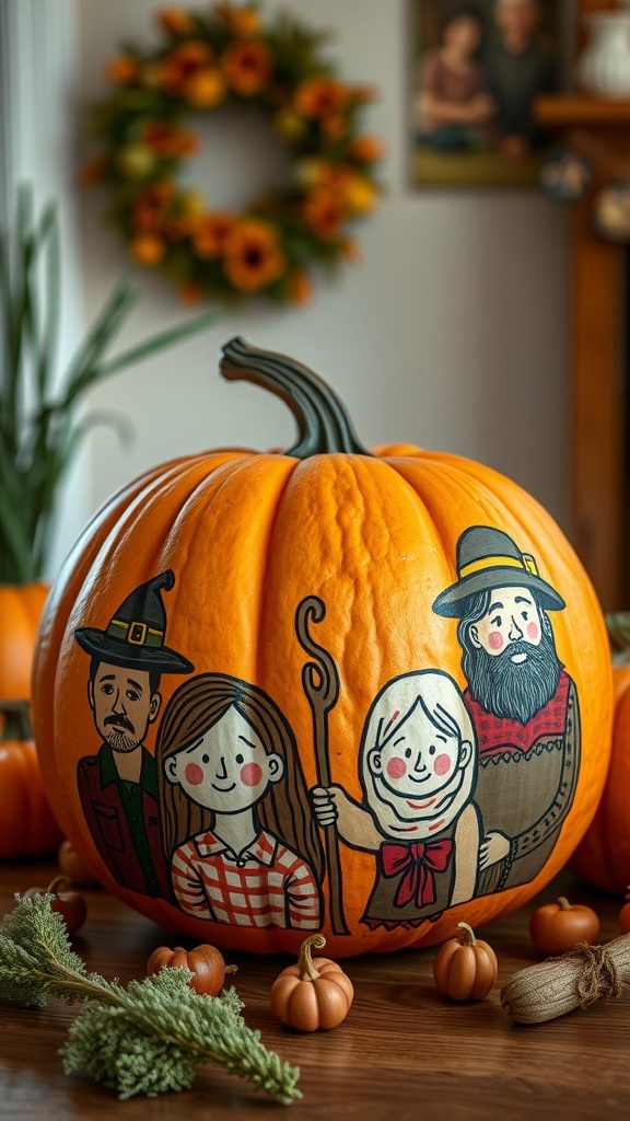 A painted pumpkin featuring a family portrait with characters in fall attire.