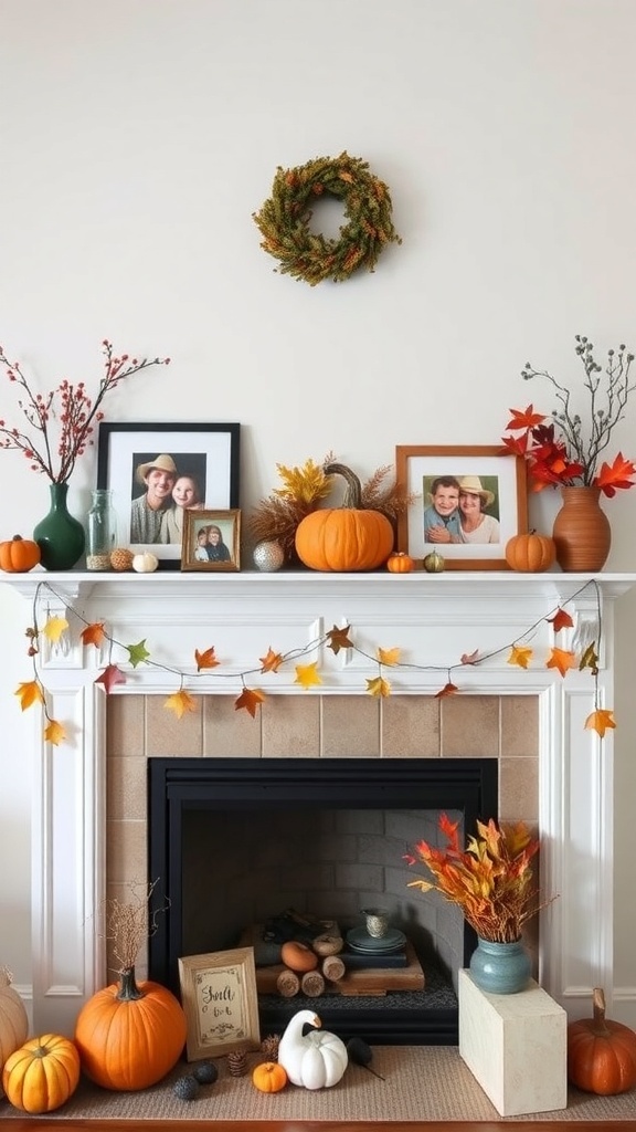 A fall-themed mantel decorated with pumpkins, autumn leaves, family photos, and a decorative sign.