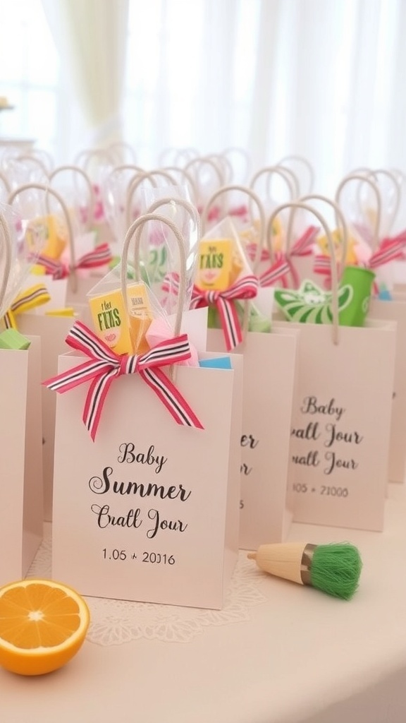Personalized favor bags for a summer baby shower, decorated with ribbons and labels.