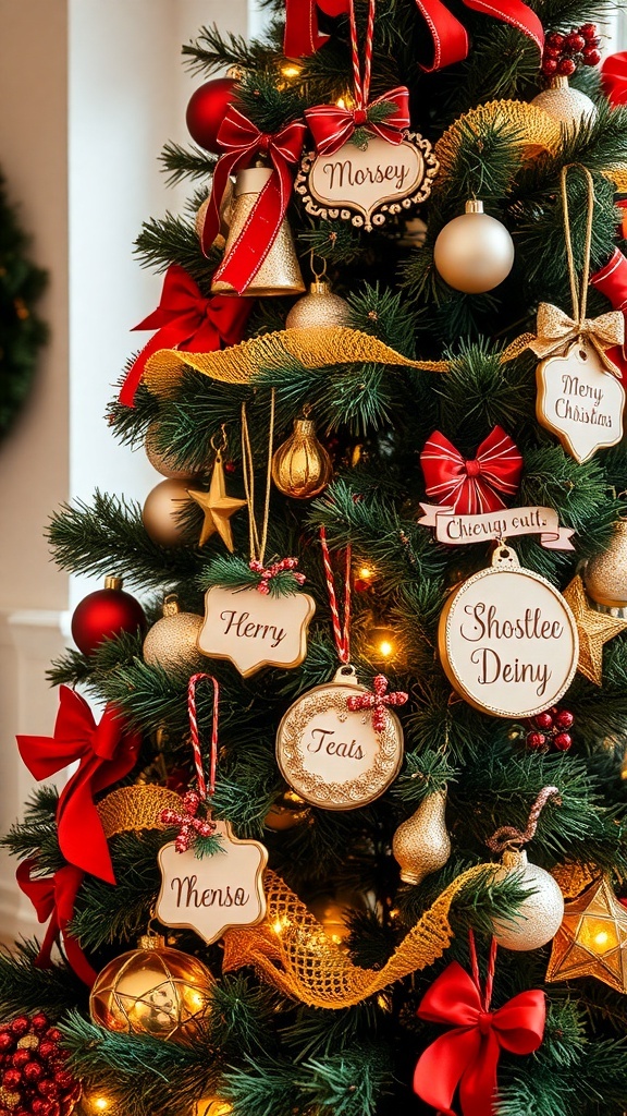 A beautifully decorated Christmas tree with personalized ornaments featuring names and festive messages.