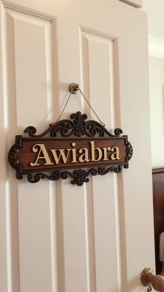 A personalized name plaque hanging on a bedroom door