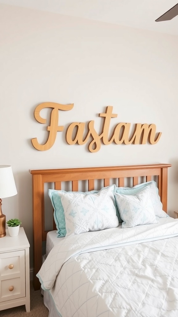 Stylish wooden name sign above a bed, enhancing bedroom decor.