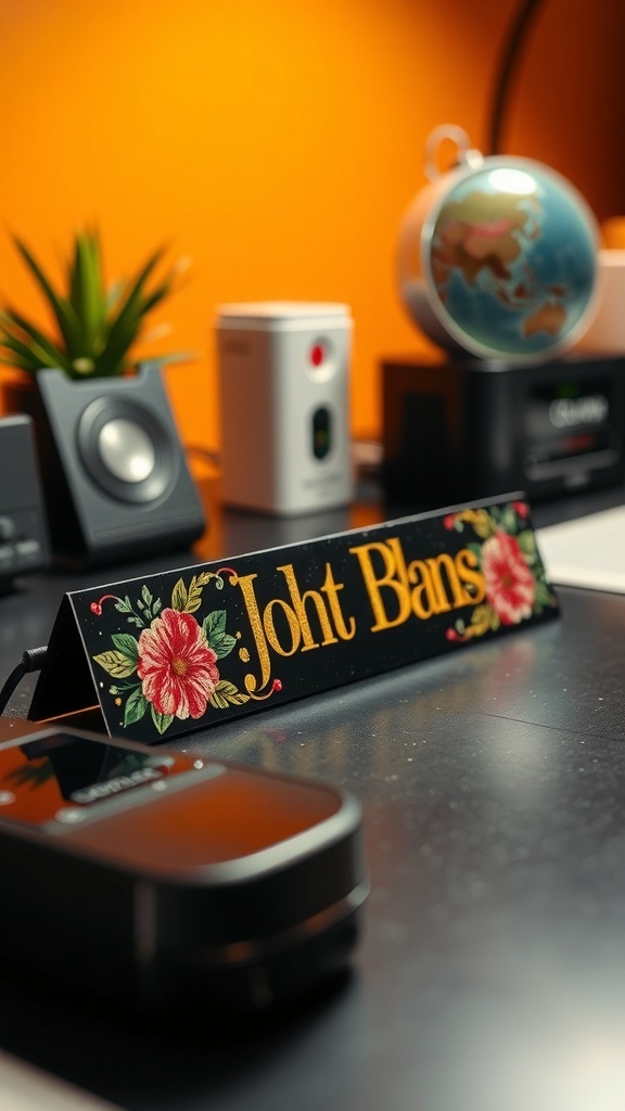 Personalized nameplate with flowers and the name Joht Bans on a desk