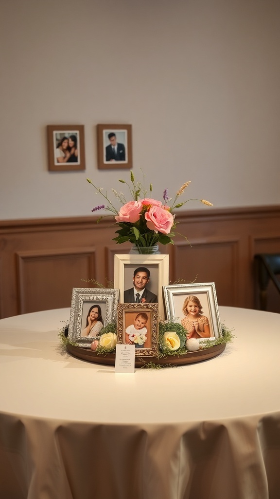 Round table centerpiece featuring framed photos and flowers.