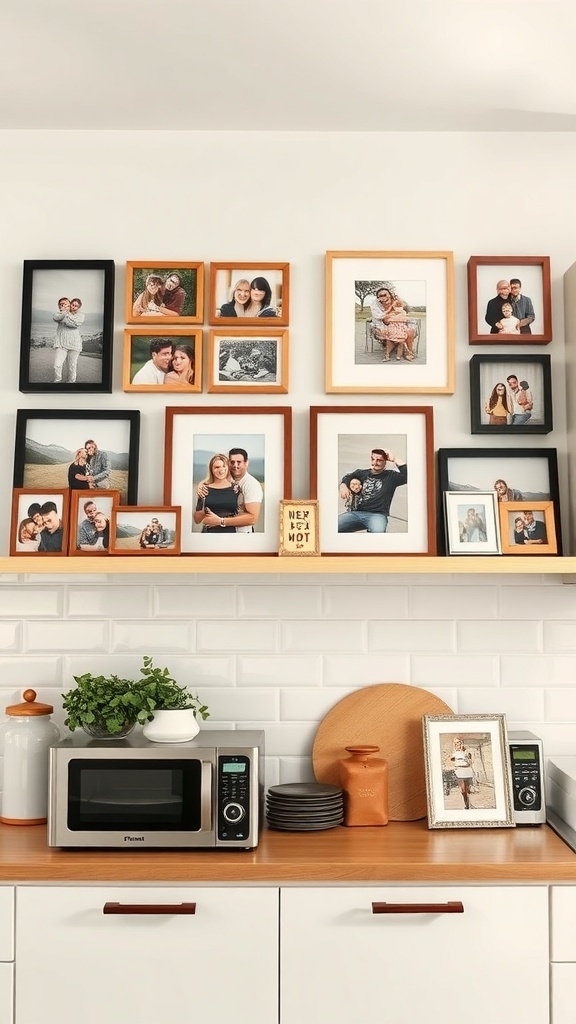 Photo gallery of framed pictures above kitchen cabinets.