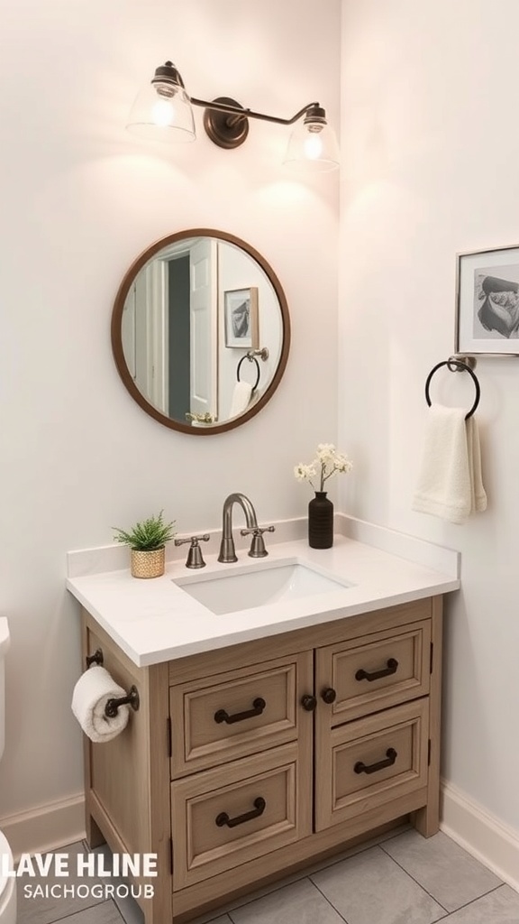 A modern bathroom vanity with a light wood finish, white countertop, round mirror, and stylish lighting.